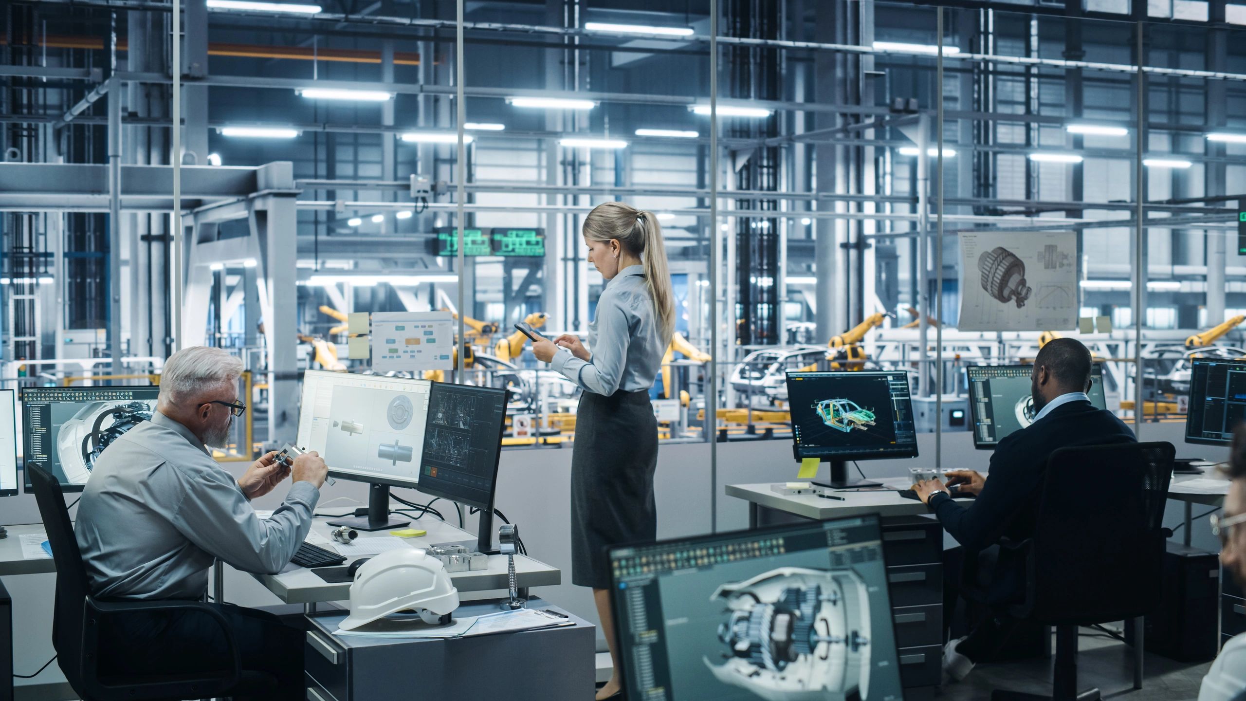 Automotive engineers using digital design tools in a modern manufacturing environment