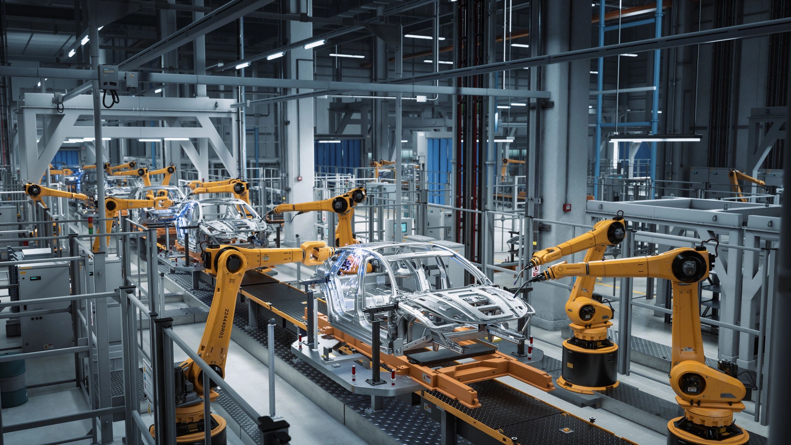 Automated robotic assembly line in a modern vehicle factory