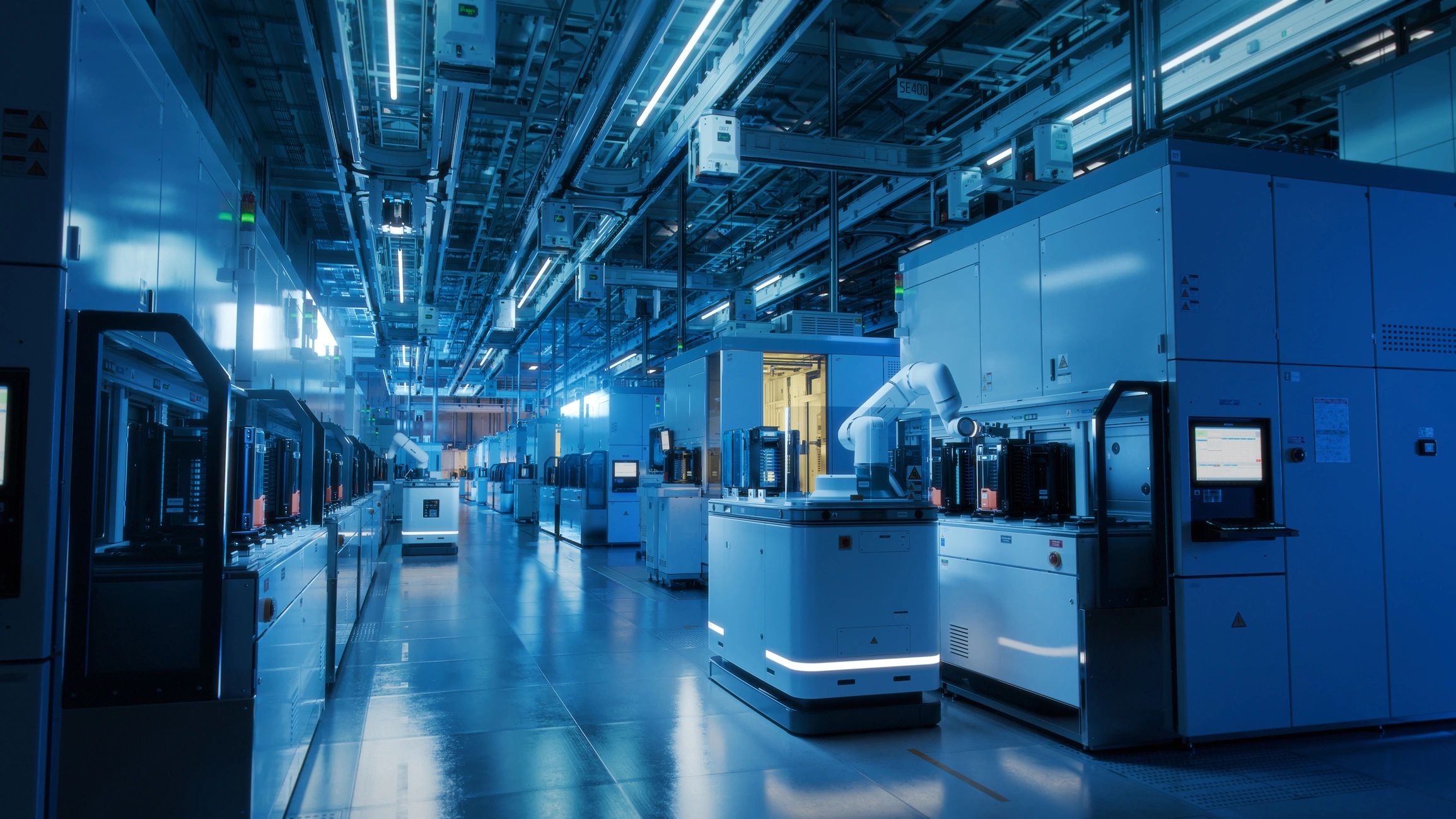 Automated robots transporting wafers in a semiconductor production facility
