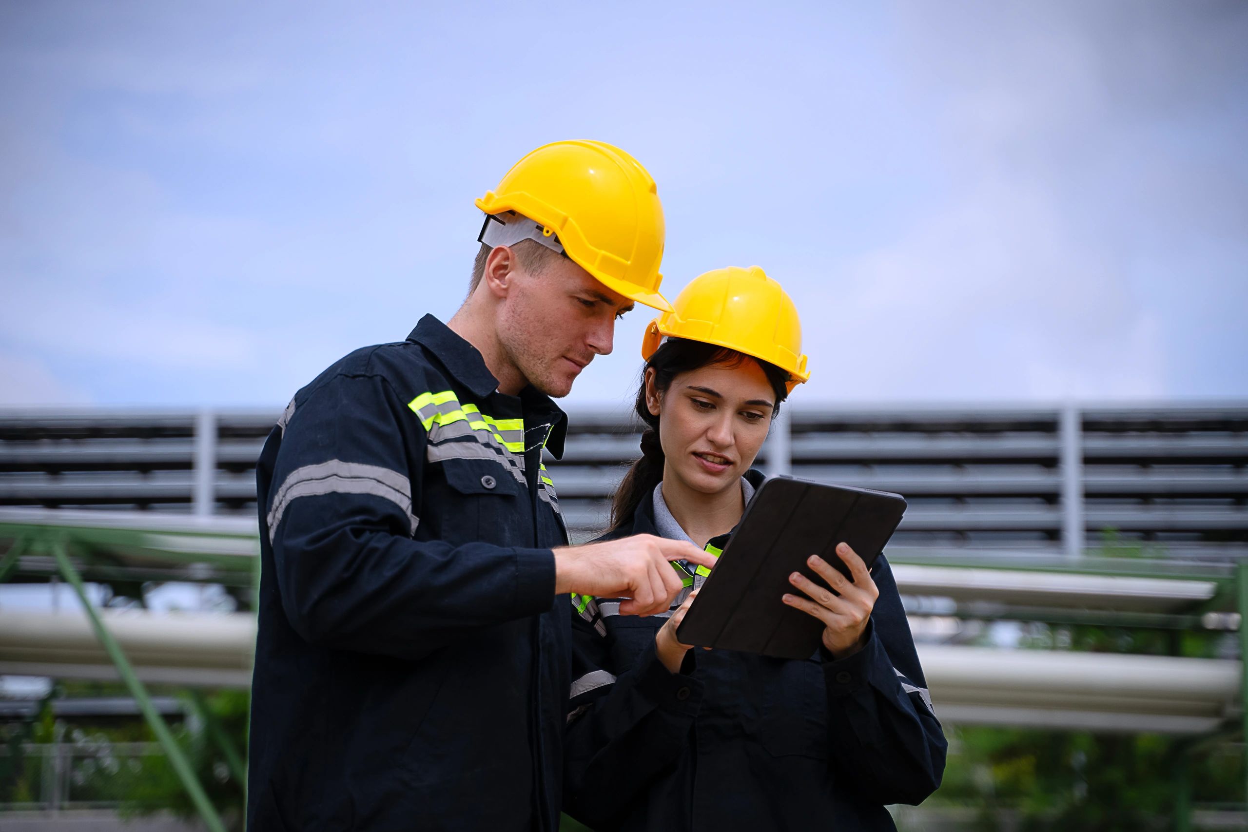 Industrial workers collaborating in a heavy-industry environment