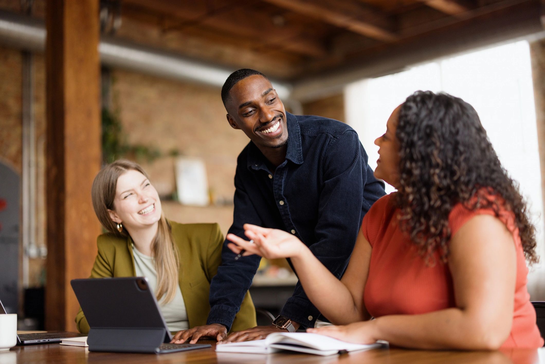 Professionals collaborating in a modern workplace