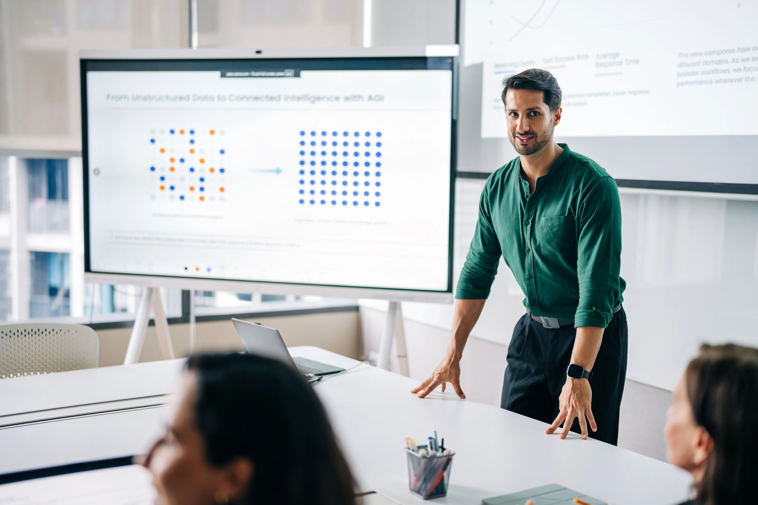 Business leader discussing AI performance metrics during an office meeting